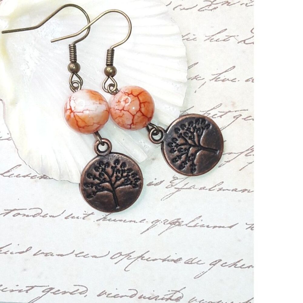 NEW Earrings Crackle Agate Tree of life earrings Red White Orange craz 208#fs-